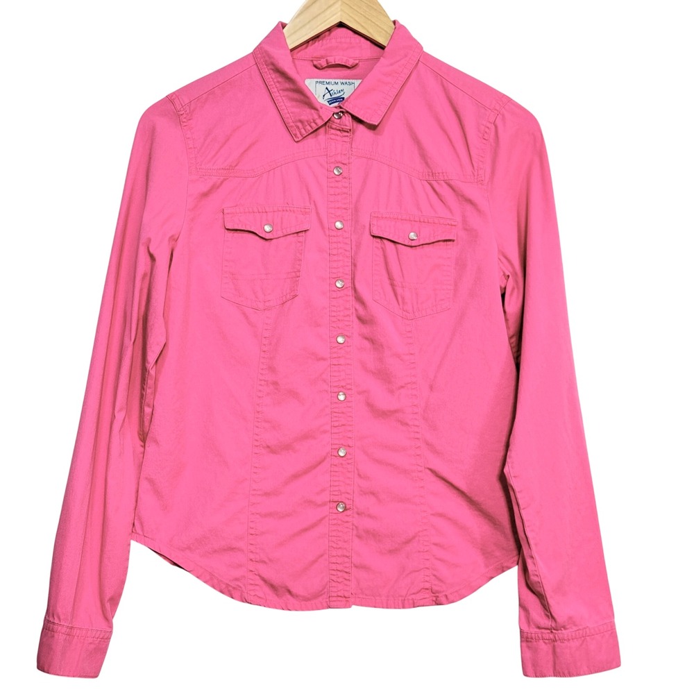 Ashley Denim Wear Pink Western Pearl Snap Button Down Shirt Womens Medium Cotton